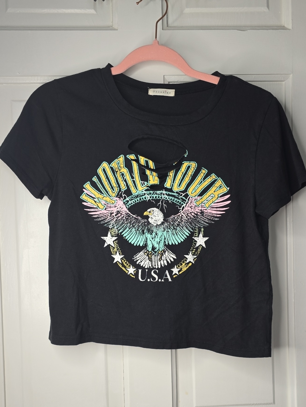 Occasion Black Short-Sleeve Tee with Pastel Eagle and 'World Tour' Graphic